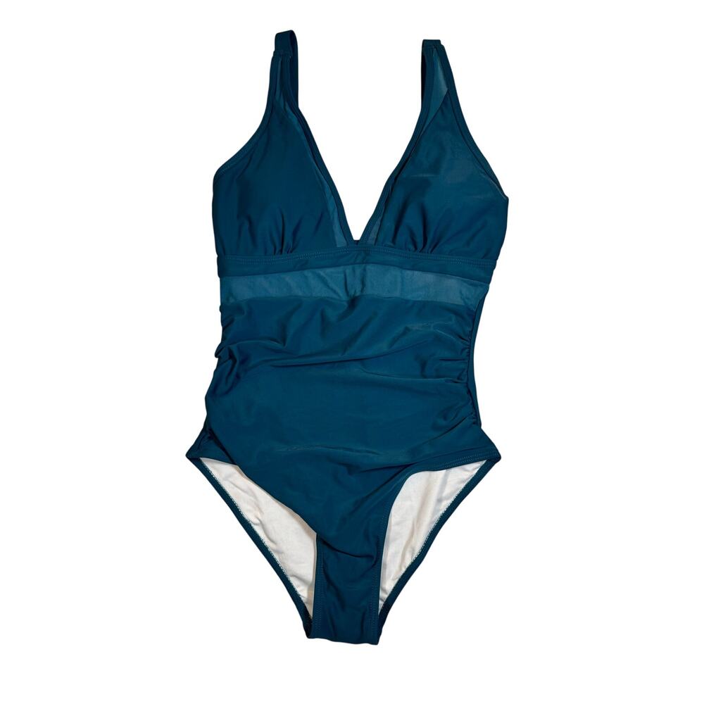 NWOT Teal Mesh Panel One-Piece Swimsuit | V-Neck | Adjustable Straps | Sz Small